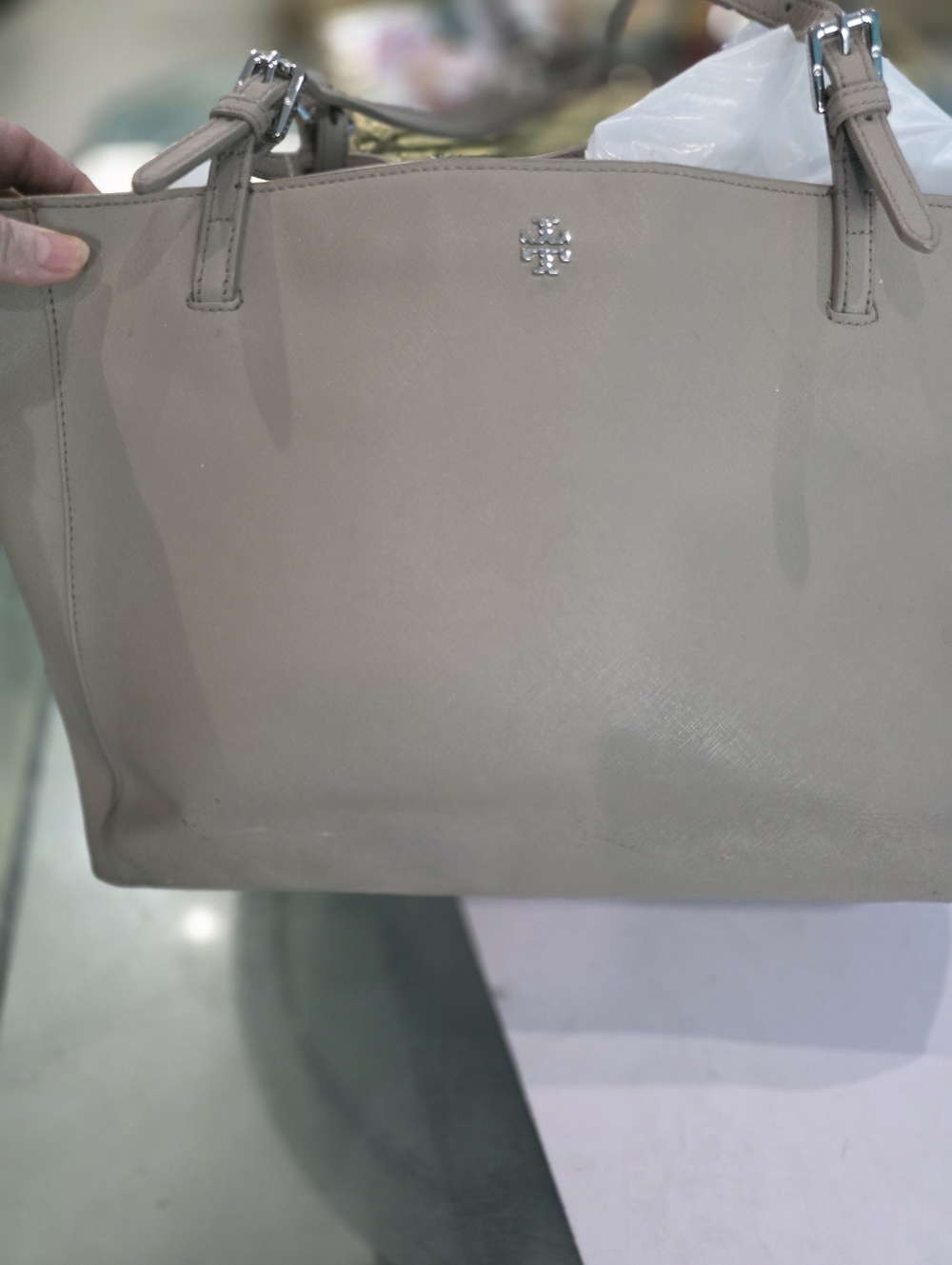 Tory Burch Taupe Saffiano Leather Tote with Logo Hardware